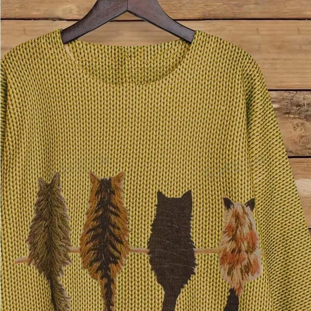 Cat Pattern Round Neck Long Sleeve Casual embroidered Pullover Sweater - Picture 3 of 4